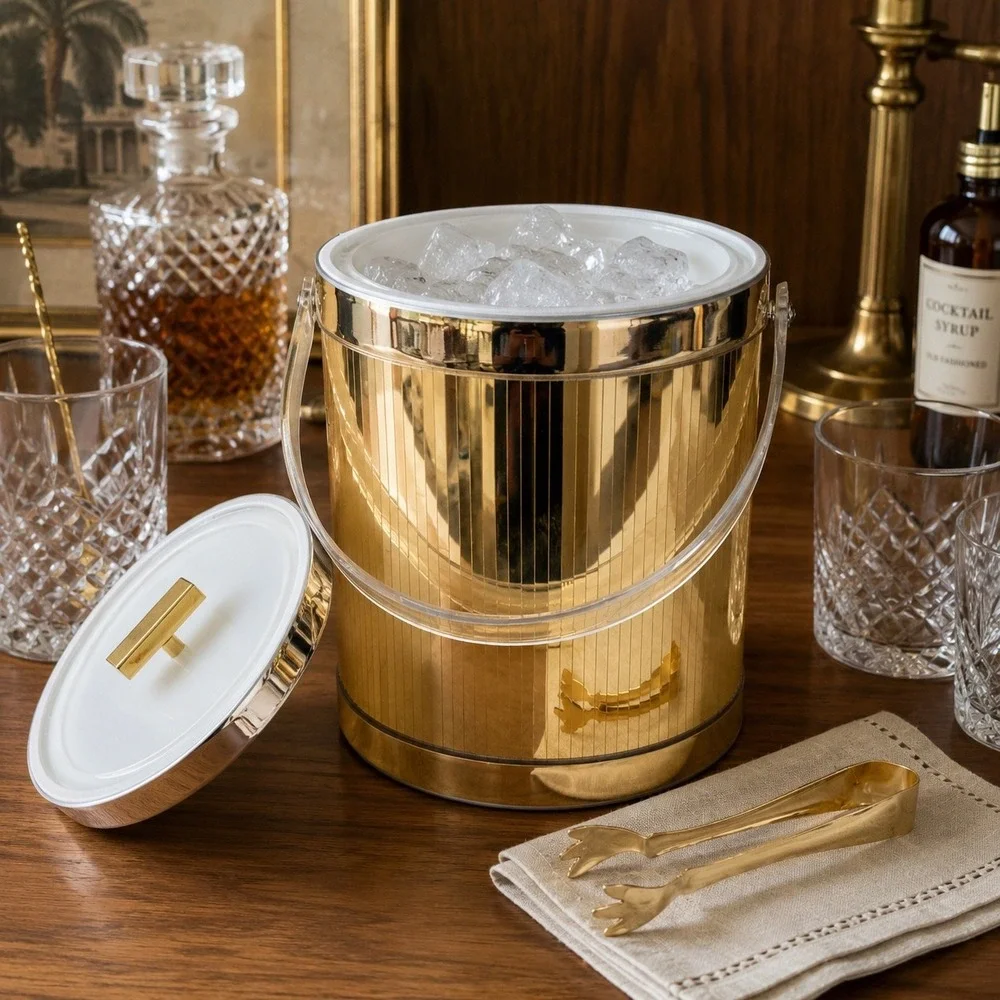 Vintage Georges Briard Ice Bucket Gold Barware with Tongs Mid Century Bar Decor